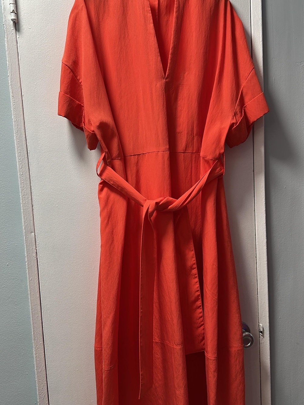 Vince Bright Orange V-Neck Maxi Dress with Waist Tie